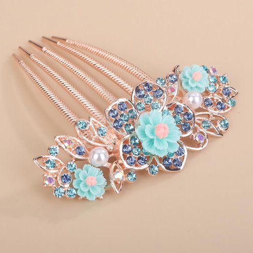 Chargances Luxury Flower Rhinestone French Hair Comb Sparkly Blue Crystal Hair Combs with Long Teeth Slide Hairpins Barrettes for Women
