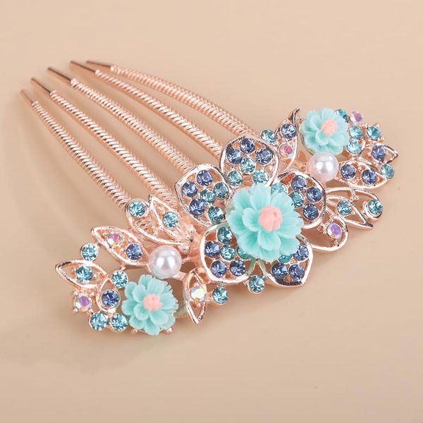 Chargances Luxury Flower Rhinestone French Hair Comb Sparkly Blue Crystal Hair Combs with Long Teeth Slide Hairpins Barrettes for Women