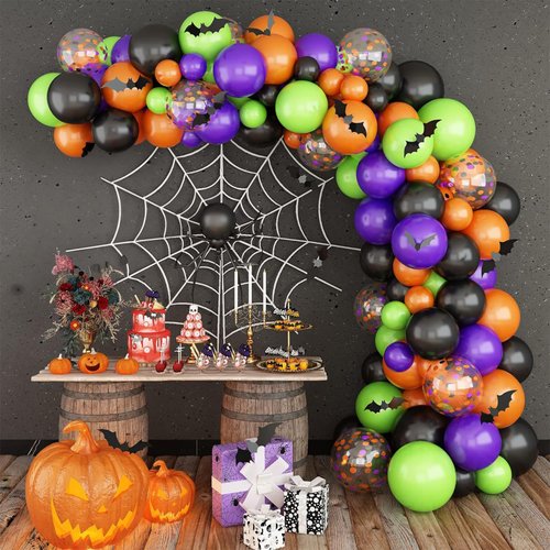 KAINSY Halloween Balloon Garland Arch Kit, 124PCS Black Purple Orange Green Balloons Confetti Giant Bat Foil Balloon with 3D Bat Stickers for Ghost Halloween Party Decorations Supplies Kids Classroom