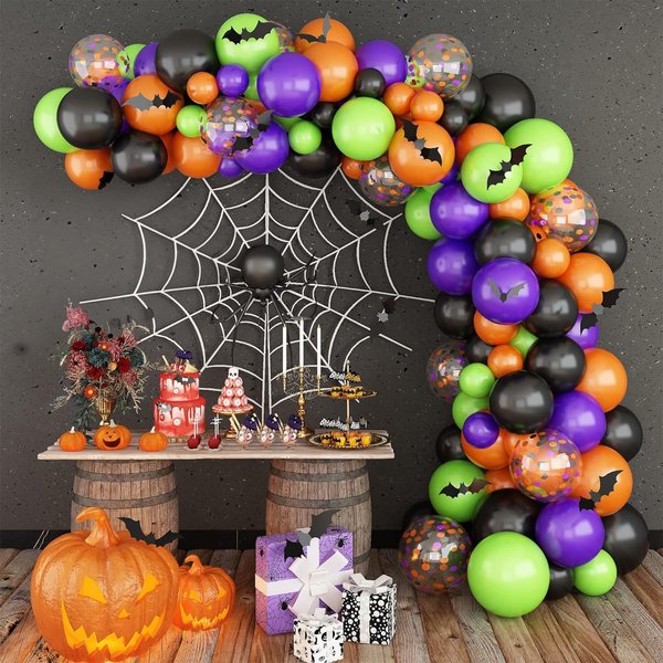 KAINSY Halloween Balloon Garland Arch Kit, 124PCS Black Purple Orange Green Balloons Confetti Giant Bat Foil Balloon with 3D Bat Stickers for Ghost Halloween Party Decorations Supplies Kids Classroom