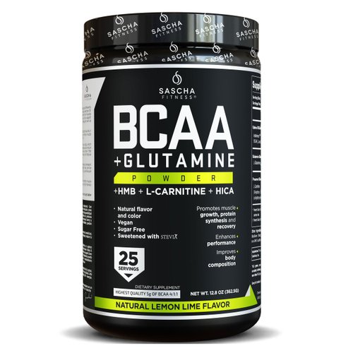 SASCHA FITNESS BCAA 4:1:1 + Glutamine,HMB,L-Carnitine,HICA | Powerful and Instant Powder Blend with Branched Chain Amino Acids (BCAAs) for Pre, Intra and Post-Workout |Natural Lemon Lime Flavor,362.5g