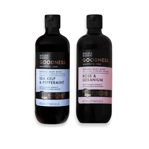 Baylis & Harding Goodness Body Wash, Rose & Kelp Scent. Natural Body Wash Set, 98% Naturally Derived, Dermatologist Approved, Vegan.