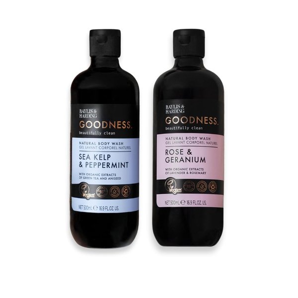 Baylis & Harding Goodness Body Wash, Rose & Kelp Scent. Natural Body Wash Set, 98% Naturally Derived, Dermatologist Approved, Vegan.
