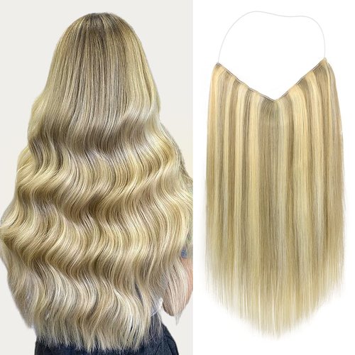 Marat Wire Hair Extensions 18 inch 95g Light Blonde Highlighted Golden Blonde Remy Human Hair Extensions with Fish Line Invisible Transparent Wire Hair Extensions Real Human Hair Hair Extensions