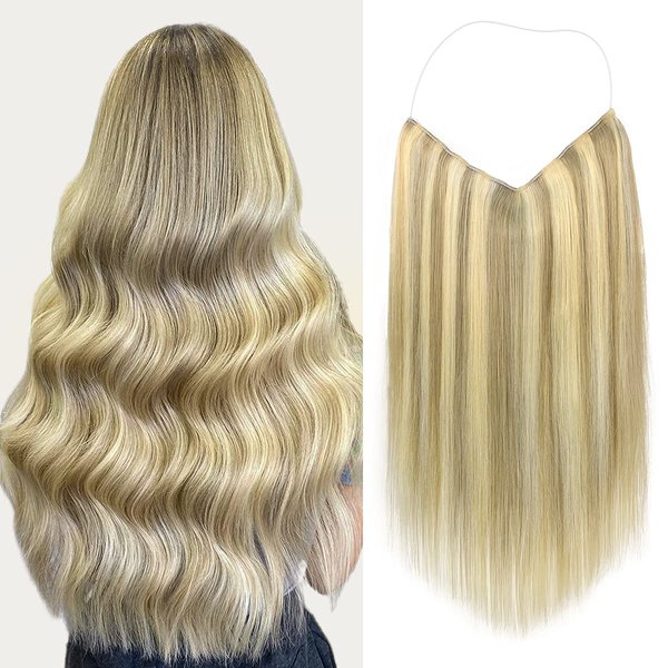 Marat Wire Hair Extensions 18 inch 95g Light Blonde Highlighted Golden Blonde Remy Human Hair Extensions with Fish Line Invisible Transparent Wire Hair Extensions Real Human Hair Hair Extensions