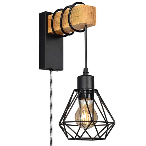 Retro Industrial Plug in Wall Sconce for Bedroom, Wood Hanging Wall Lamp with Cage Lampshade, Mounted Wall Light Fixture for Living Room Kitchen Reading, Modern Vintage Farmhouse Decor (no Bulbs)