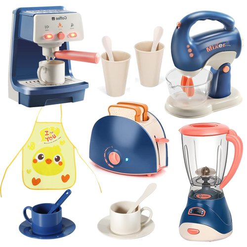 Kids Assorted Kitchen Appliance Play Toys Includes Coffee Maker ,Blender,Fruit Machine and Toaster ,Apron and Cups,with Realistic Lights& Sounds,Learning Gift for Toddlers Baby Girls Boys-Blue
