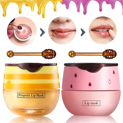 Bee Balm Lip Balm Honey Pot, 2 PCS Strawberry & Honey Lip Masks Hydrating Prevention Dry and Cracked Lip Scrubs Exfoliator，Lip Sleep Mask Reduces Lip Lines，Lip Exfoliating Bee Balm Sleeping Lip Mask
