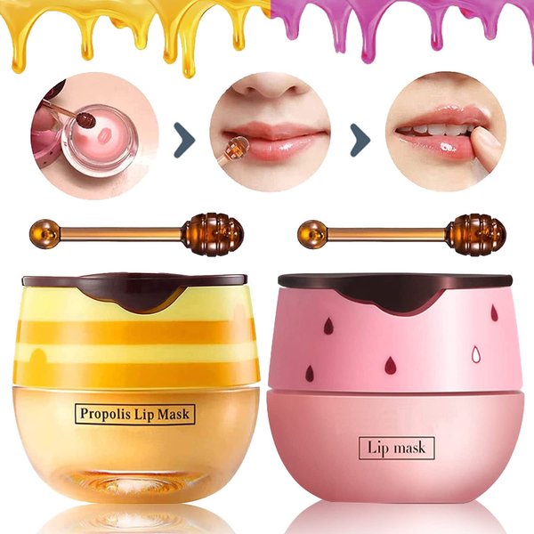 Bee Balm Lip Balm Honey Pot, 2 PCS Strawberry & Honey Lip Masks Hydrating Prevention Dry and Cracked Lip Scrubs Exfoliator，Lip Sleep Mask Reduces Lip Lines，Lip Exfoliating Bee Balm Sleeping Lip Mask