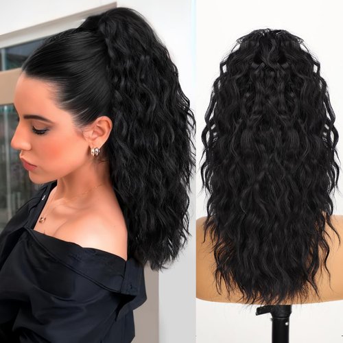 ORSUNCER Claw Clip Ponytail Extension 18" Curly Wavy Pony Tails Hair Extensions Layered Natural Looking Clip on Ponytails for Women Synthetic Hair Extensions (Black)