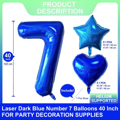 Blue Number 7 Balloons 40 Inch Giant Laser Navy Blue 7 Helium Balloons for Boys 7th Birthday Party Supplies 7th Anniversary Events Decorations