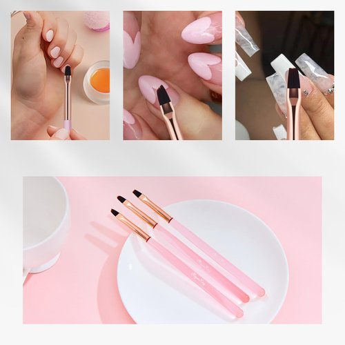 Nail Brushes for Nail Art - 3Pcs Nail Art Brush Set with Flat/Oval/Fine Angled Gel Brush, Nail Extension Tool for Professional DIY Home Salon(Clear Pink)