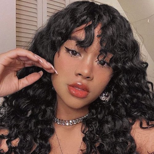 SUKRI Long Curly Wigs For Black Women Curly Wig With Bangs Synthetic Bang Wig Black Gorgeous Shag Wig Synthetic Curly Wig For Everyday Use Party Cosplay（Black）