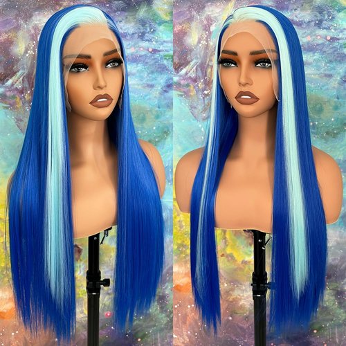 Itimay Blue Highlight Wigs Long Straight Hair Natural Looking Heat Resistant Glueless Hair Blue Hair Synthetic Lace Front Wigs for Fashion Women