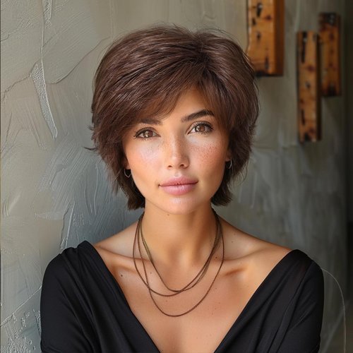 DWY Short Pixie Cut Wigs for Women Short Brown Human Hair Blend Synthetic Straight Wigs Natural Hair Replacement Wigs with Fluffy Bang,Lightweight/Breathable(Chocolate Brown)