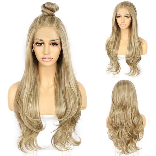 SAPPHIREWIGS Blonde Lace Front Wig Long Wavy Wigs for Women Highlight Ash Blonde Wigs 13×3 Free Part Heat Resistant Fiber Party Cosplay Daily Use Hair 26inch