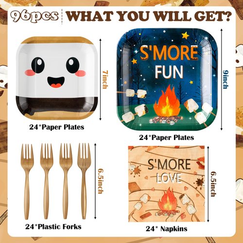 G1ngtar 96Pcs S’Mores Camping Party Plates Supplies - S’More Love Fun Party Tableware Decorations Campfire Disposable Paper Plates Napkin Fork for Kid Camper Christmas Birthday Baby Shower, Serves 24