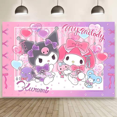 Kawaii and My Melody Background Party Supplies, Happy Birthday Banner Backdrop for Kids Party Decorations (5x3ft)