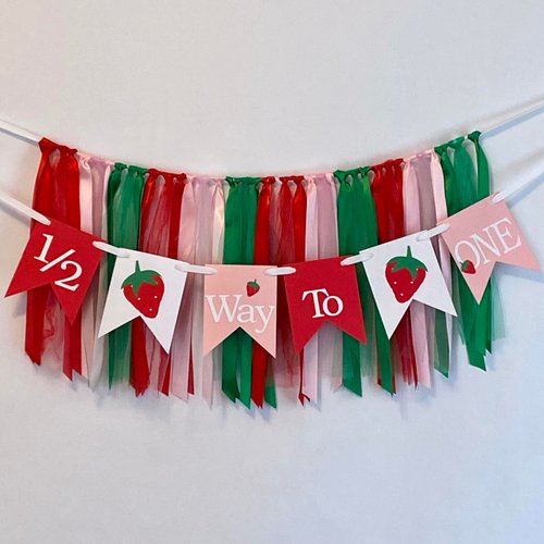 Half Birthday Party Decoration, Red, Pink, Green Ribbon Garland with Strawberry Banner, High Chair Banner, 6 Month Birthday