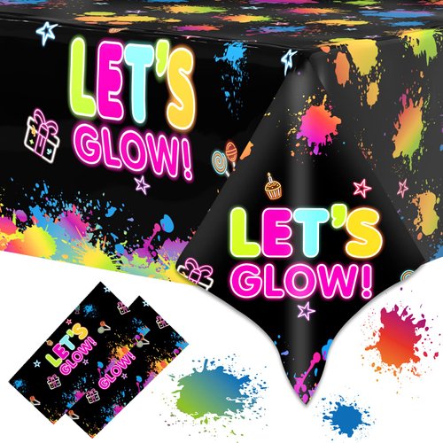 2 Pack Let's Glow Tablecloth- Neon Party Table Cover, Disposable Plastic Rectangle Glow in the Dark Table Cloth for Neon Black Light Glow Party Table Decorations and Party Supplies, 51 x 86 Inch