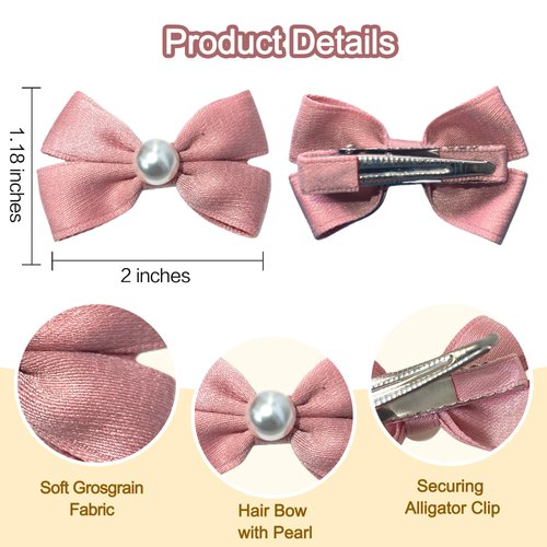 Pearl Hair Bows Clip for Girls, Beleki 2PCS Grosgrain Ribbon Hair Bows Boutique Hair Clips Full Lined Alligator Clips Pink Hair Accessories for Girls Teens Toddlers Kids