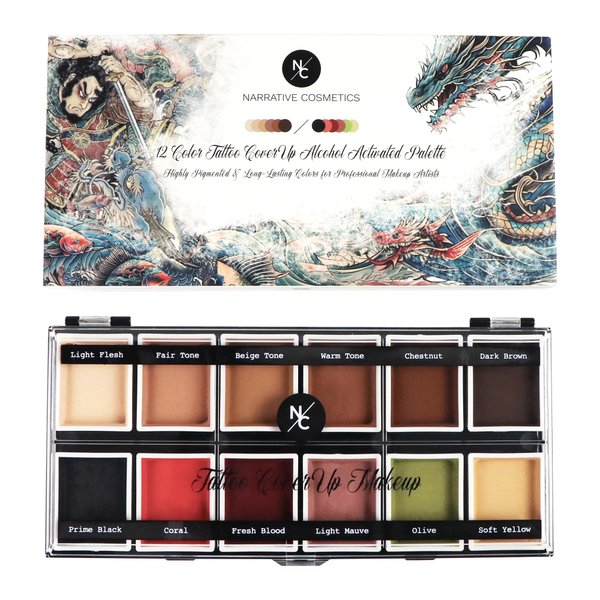 Narrative Cosmetics 12-Color Tattoo Cover-Up Alcohol-Activated Palette - Full Coverage Concealer for Tattoos, Scars, and Other Face & Body Marks - Long-Lasting, Waterproof, & Smudge-Proof SFX Makeup
