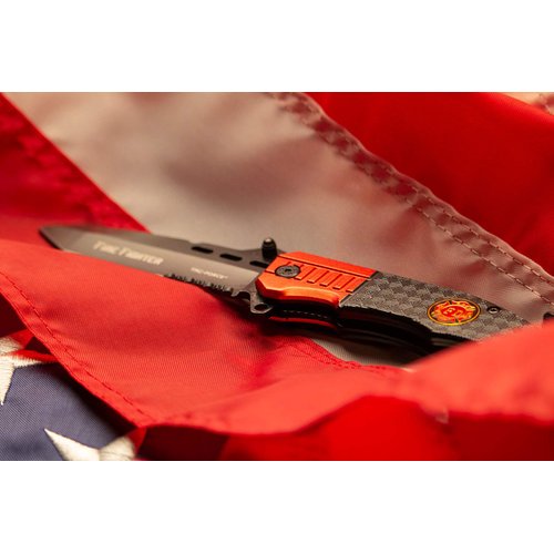 TAC Force Spring Assisted Folding Pocket Knife – Partially Serrated Black Blade, Black/Red Aluminum Handle w/ Fire Dept Logo, Rope Cutter, Glass Punch, Pocket Clip, Tactical, EDC, Rescue - TF-740FD