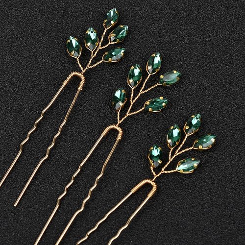 3pcs Green Wedding Hair Pins for Bride Crystal Bridal U Hair Pins for Women Rhinestone Hairpins for Wedding Party Brides Bridesmaids Women
