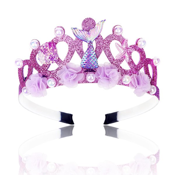 Amariver Purple Mermaid Crown Headband for Girls Adjustable Hair Band Mermaid Tiara Head Band Mermaid Birthday Decorations Glitter Non-slip Headbands for Kids Mermaid Hair Accessories for Girls