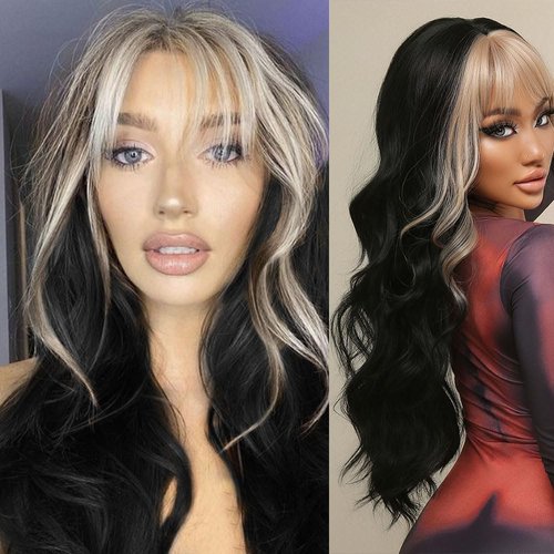 Allbell Long Wavy Black Wigs for Women With Blonde Bangs Golden Front Highlight Hair Cosplay Wig Heat Resistant Fiber Daily Use Party Cosplay