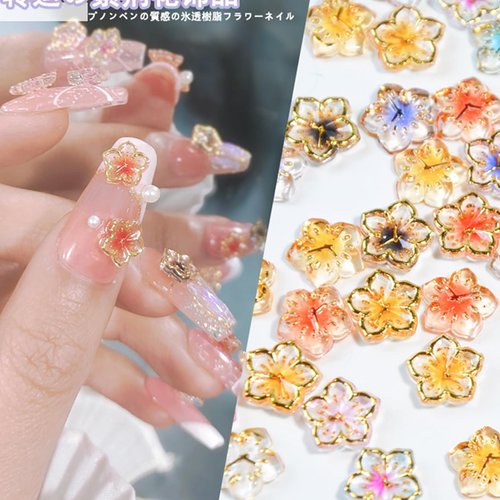 60Pcs Flower Nail Charms 3D Lovely Floral Nail Art Charms Gold Edge Flower Resin Nail Jewelry for Acrylic Nails Spring Cherry Blossoms Petals Nail Gems for Women Girls DIY Craft Nail Decorations