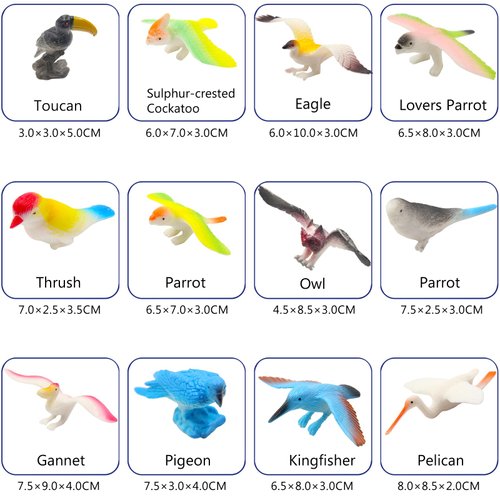 PINOWU Birds Figurines (12pcs), Realistic Eagle Parrot Toucan Pigeon Owl Toy Birds, Learning Educational Toys for Dollhouse Birthday Cake Topper Gift for Kids Toddler w/Storage Bag