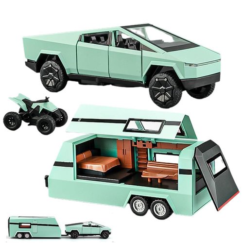 1/32 Pickup Trailer RV Model Kit, Off-Road Vehicle Alloy,Car Model Diecast Metal Toy,Truck Model Simulation Sound Light,Gifts for boy Girl. (with RV All Green-B)