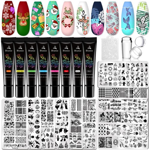 Biutee Nail Stamper Kit Nail Art Stamping Plate Set 8 Stamping Nail Polish Gel 12 Stamp Plate Jelly Silicone Stamper Flower Animal Lace Girl StarTemplate Tool Supplies Christmas style design