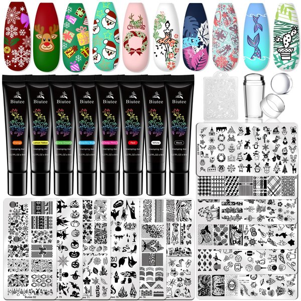 Biutee Nail Stamper Kit Nail Art Stamping Plate Set 8 Stamping Nail Polish Gel 12 Stamp Plate Jelly Silicone Stamper Flower Animal Lace Girl StarTemplate Tool Supplies Christmas style design