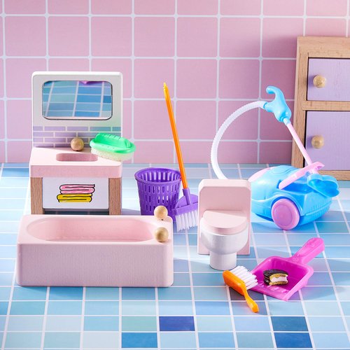 18 Pieces Dollhouse Cleaning Supplies Mini Cleaning Toys Miniature Mop Dustpan Bucket Brush Mini Cleaning Tools Pretend Play Dollhouse Furniture Garden Accessories Toys for Dolls