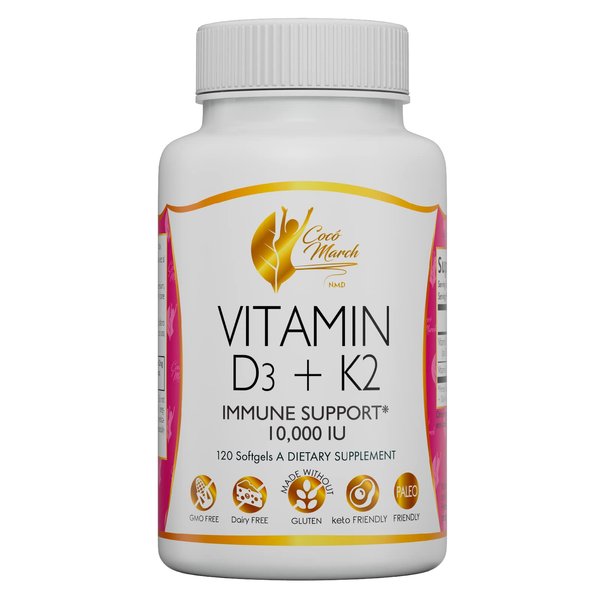 Cocó March N.M.D Vitamin D3+K2 10,000 IU - 4 Month Supply High Potency - Immune & Joint Health Gluten Free, GMO Free, Dairy Free, Keto Friendly, Paleo Friendly, 250 mcg of D3-180 mcg of Vitamin K2