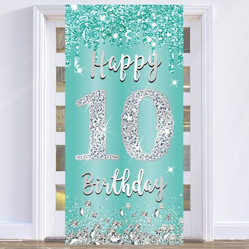 Teal Silver 10th Birthday Decorations Door Banner for Girls, Breakfast Blue Happy 10 Birthday Party Supplies, Ten Year Old Birthday Sign Poster Indoor Outdoor