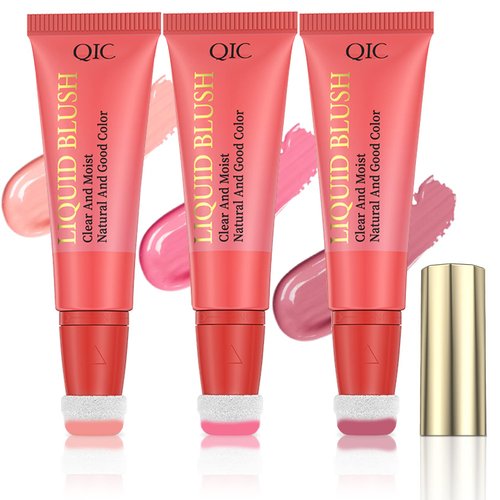 Liquid Blush Makeup Wand For Cheek Tint, Cream Blush Liquid With Cushion Applicator, Lightweight Blendable Blush Stick Makeup Natural-looking, Glow Dewy Finish Lasting(Nude Pink,Cool Pink,Dark Rose)