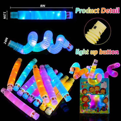 Mikulala 6 Pcs Pop Tubes for Kids Party Favors Glow Sticks Christmas Party Favor for kids Goodie Bags Stuffer Fillers Light Up Toys Birthday Gifts Stocking Fillers Classroom Prize