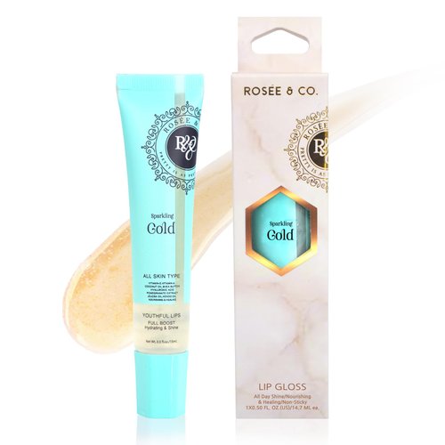 Rosee Lip Gloss Vegan & Cruelty Free Treatment, Long Lasting Glossy with Shea Butter, Moisturize, Protect & Smooth - Clear (e.Sparkling Gold)