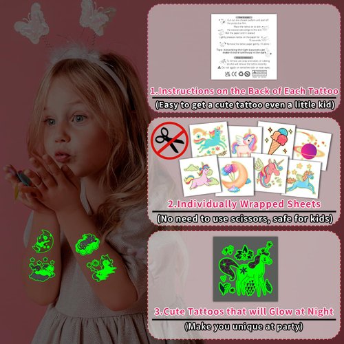 Partywind Temporary Tattoos for Girls, 50 Styles Luminous Tattoo Stickers for Kids Party Supplies Decorations will Glow at Night, Birthday Goodie Bag Stuffers for Children Party Favors