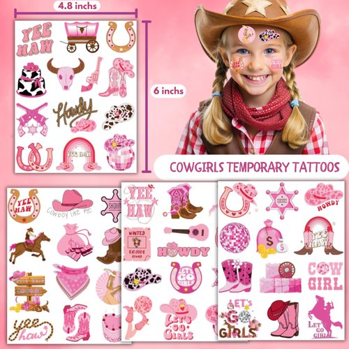 Cowgirl Temporary Tattoos for Kids Party Supplies - 50PCS Western Cowgirl Temporary Tattoos for Girls Birthday Party Favors Goodie Bag Fillers
