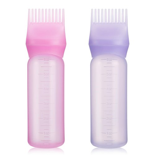 Pimoys 2 Pack Root Comb Applicator Bottle 6 Ounce Oil Applicator for Hair Dye, Hair Oiling Applicator Brush with Graduated Scale, Pink and Purple