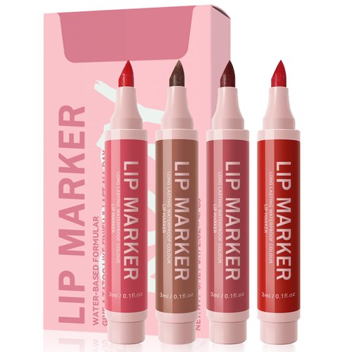 Lip Stain Marker Pen Set-4 Pcs Hydrating Lip Stain Liquid Lip Liner Pencil Kit,Longlasting Waterproof Smudgeproof Matte Color Look Finish,Precise Chisel Tip Smooth,Christmas Makeup Gift for Women Girl