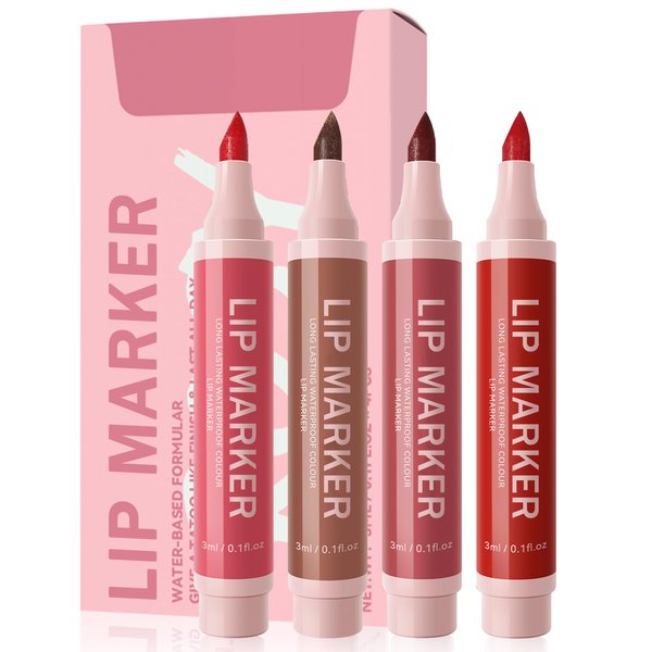 Lip Stain Marker Pen Set-4 Pcs Hydrating Lip Stain Liquid Lip Liner Pencil Kit,Longlasting Waterproof Smudgeproof Matte Color Look Finish,Precise Chisel Tip Smooth,Christmas Makeup Gift for Women Girl
