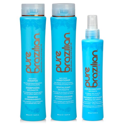 Pure Brazilian - 3 Piece Daily Essentials Kit - Anti Frizz Shampoo, Conditioner, And Miracle Leave-In Conditioner- With Keratin, Cocoa Butter, and Bulgarian Rose Water