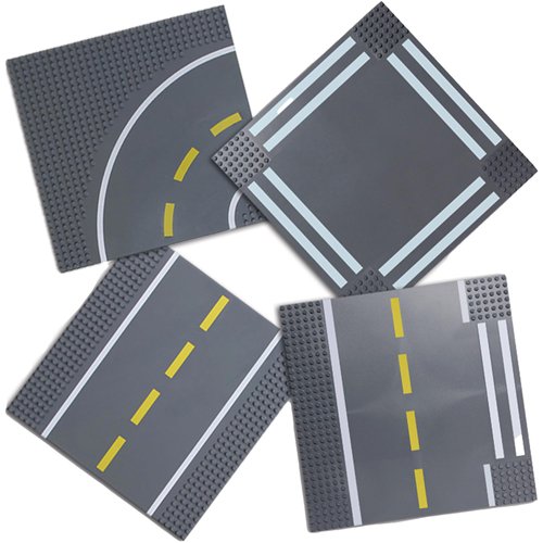 Strictly Briks Compatible with Lego Building Blocks Road Plates 10" x 10", 4 Pack Brick Baseplates for City Road, Street, Race Track, Classic Size (2 Straight + 1 Curved + 1 Intersection)