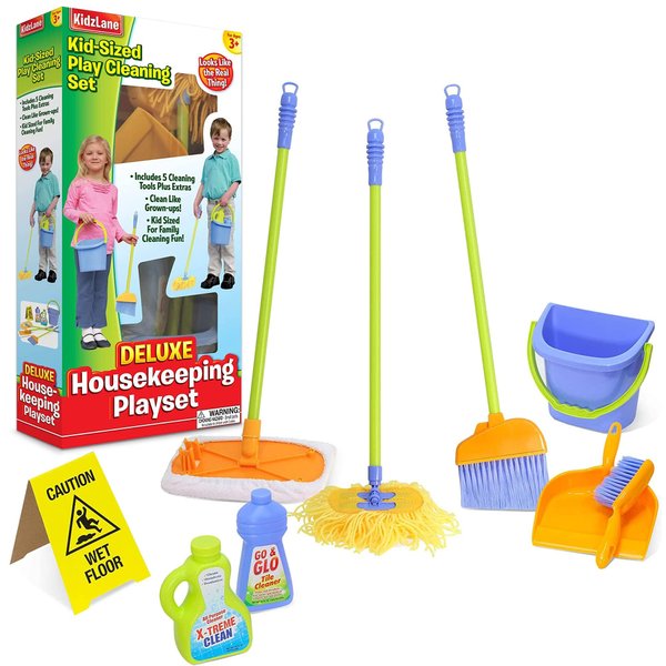 Kidzlane Kids Cleaning Toy Set - Toddler Cleaning Set with Realistic Broom, Mop, and Dustpan with Wet Floor Sign and Cleaning Tools - Kids Broom Set for Ages 3 and Up - Fun Playtime for Boys and Girls