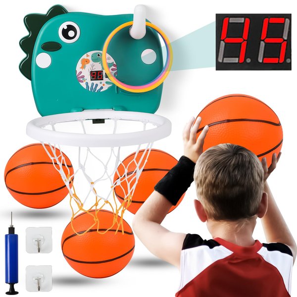 Indoor Basketball Hoop, Mini Dinosaur Basketball Hoop with Electronic Scoreboard, Portable Basketball Hoop with Ring Toss Game, Adjustable Height Parent-Child Basketball Toy for Boys Girls Teens